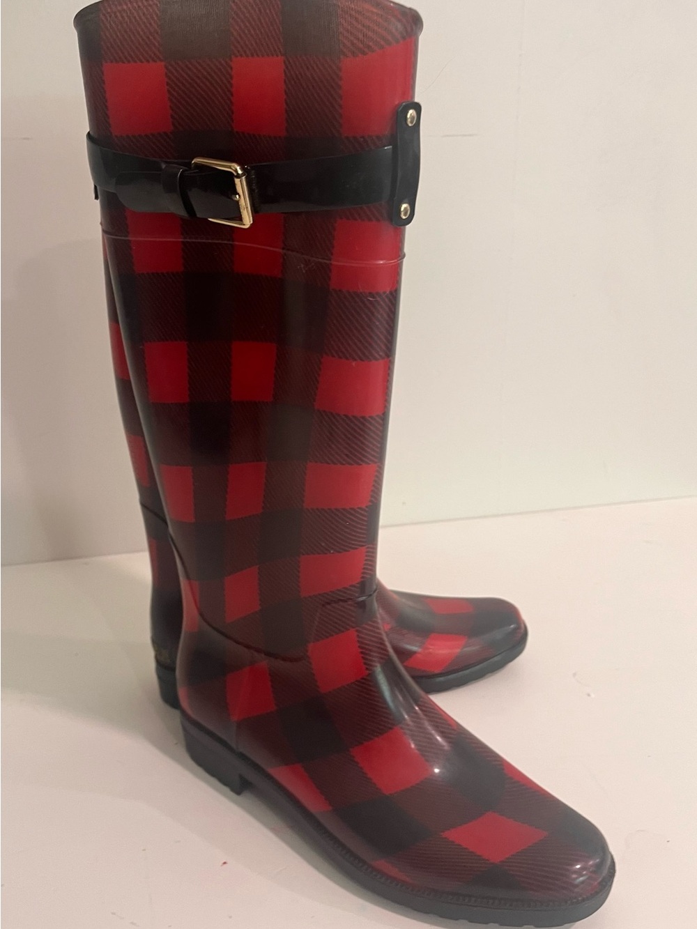 Lauren Ralph Lauren Red Black Buffalo Plaid Rain Boots Size 8